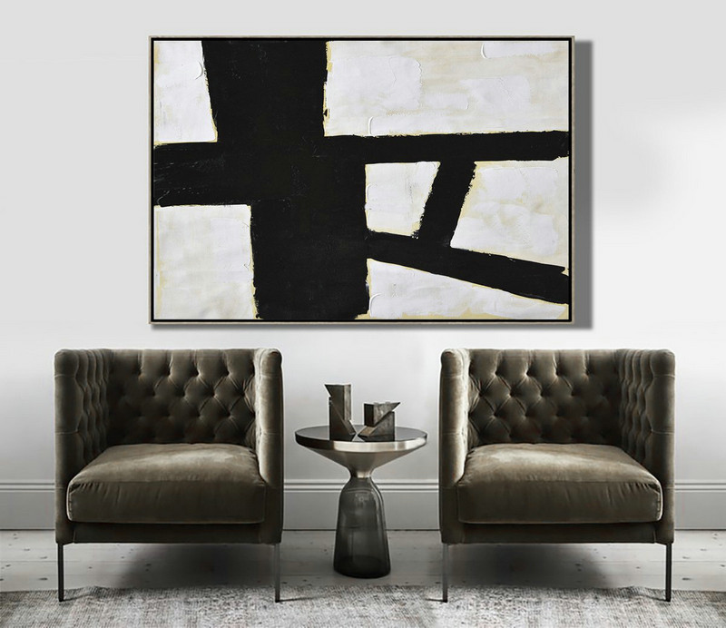 Hand Painted Original Art,Horizontal Palette Knife Minimal Canvas Art Painting Black White Beige - Contemporary Art Wall Decor